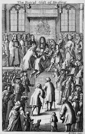Charles II touching a patient for the king's evil (scrofula) surrounded by courtiers, clergy and general public. Engraving by R. White.