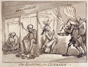 view Bethlem Hospital, London: the incurables being inspected by a member of the medical staff, with the patients represented by political figures. Drawing by Thomas Rowlandson, 1789.