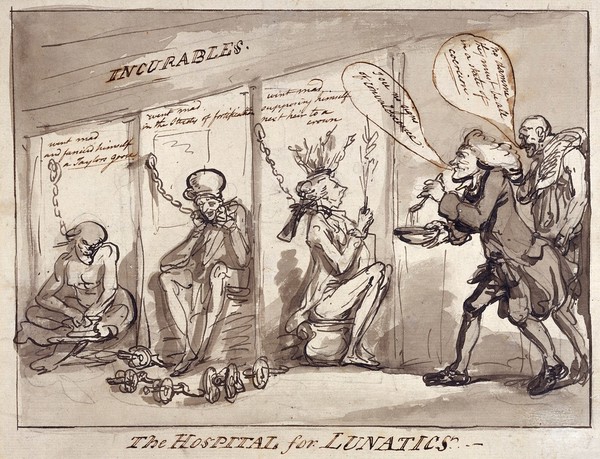 Bethlem Hospital, London: the incurables being inspected by a member of the medical staff, with the patients represented by political figures. Drawing by Thomas Rowlandson, 1789.