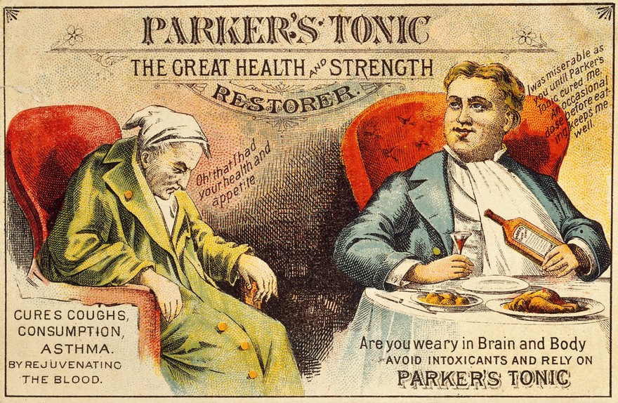 Parker's Tonic : the great health and strength  restorer : cures coughs, consumption, asthma by rejuvenating the blood / Hiscox & Co.