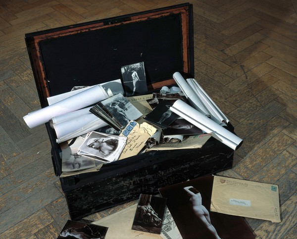 A metal and timber box (chest, trunk), once the property of E N Fallaize, used to house his photographic collection. Construction and assembly by H. Davies and sons, 1916.