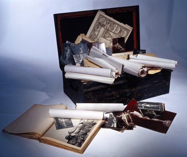 A metal and timber box (chest, trunk), once the property of E N Fallaize, used to house his photographic collection. Construction and assembly by H. Davies and sons, 1916.
