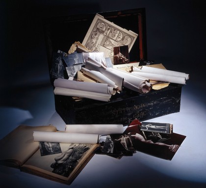 A metal and timber box (chest, trunk), once the property of E N Fallaize, used to house his photographic collection. Construction and assembly by H. Davies and sons, 1916.