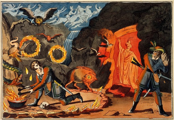 Witchcraft and magic: a man conducting magic rites, devils and a ghost appearing, and a hunter cowering in terror. Coloured etching.