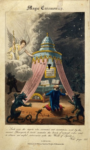 view A theurgist performing rituals to exercise divine powers on earth. Coloured aquatint.