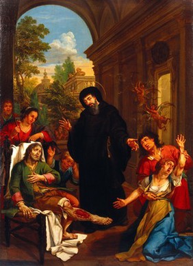 Saint Francis de Paul (San Francesco da Paola) healing a man with an ulcered leg and a woman vexed by a malignant spirit. Oil painting.