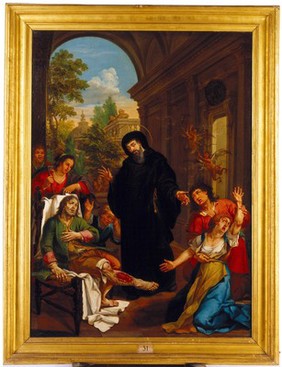 Saint Francis de Paul (San Francesco da Paola) healing a man with an ulcered leg and a woman vexed by a malignant spirit. Oil painting.