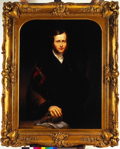 A man (George Dixon Longstaff?) wearing academic robes and holding a skull. Oil painting by Carl Schmid (?), 1835.
