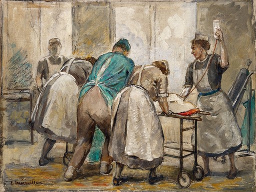 Operating room staff wheeling a patient back into a ward after an operation. Oil painting by Ethel Macmillan, 195- (?).