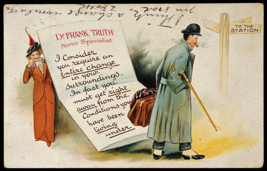 A wife sending her husband away on holiday in order to pursue an affair with a "nerve specialist" who has got the husband out of the way by recommending a change of scene for him. Colour process print, c. 1920.