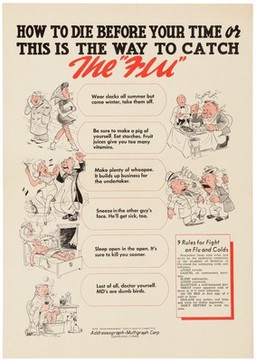 Ways to catch the flu. Colour lithograph after designs by Coggin, 194-.