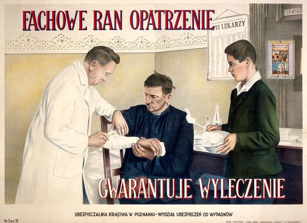 A doctor bandaging a man's arm. Colour lithograph after Surow, 1929.
