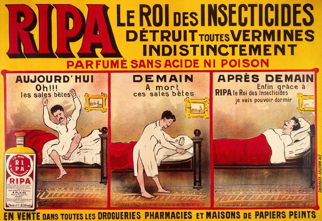 A man using RIPA insecticide to kill bedbugs and get a good night's sleep. Colour lithograph, ca. 1900.