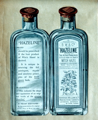 The "Hazeline" brand of the active principles distilled from the bark of witch hazel, hamamelis virginiana... / Burroughs Wellcome and Co.