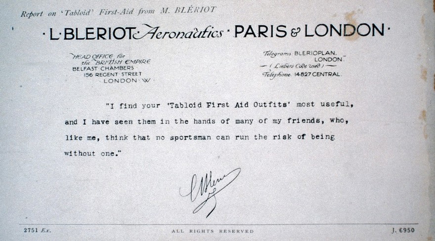 Report on "Tabloid" first aid from M Bleriot