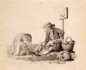 view A barber-surgeon for dogs in Paris. Drawing by L. Choquet, 18--.