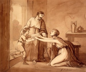 view Elijah restores the widow's son to his mother, who greets him with open arms. Drawing by R.T. Bone, ca. 1811.