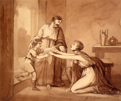 Elijah restores the widow's son to his mother, who greets him with open arms. Drawing by R.T. Bone, ca. 1811.