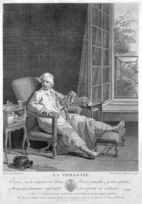 A sick old man with the woes of old age. Engraving by B. Lépicié, 1745, after Etienne Jeaurat.