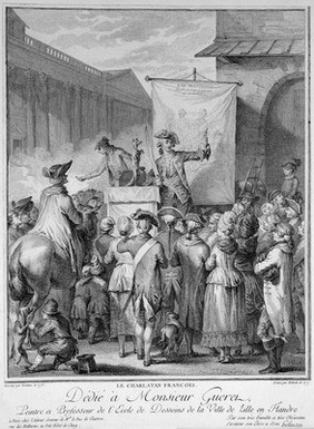 A French itinerant medicine vendor on stage selling his wares. Engraving by I. Helman, 1777, and etching by A.J. Duclos after J. Bertaux, 1776.