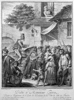 view A German itinerant medicine vendor on horseback selling his wares. Engraving by I. Helman, 1777, after J. Bertaux, 1776.