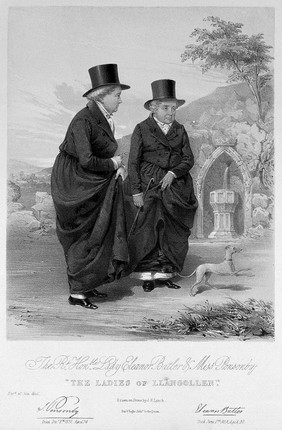 Sarah Ponsonby (left) and Lady Eleanor Butler, known as the Ladies of Llangollen, outside with a dog. Lithograph by J.H. Lynch, 183-, after Mary Parker (later Lady Leighton), 1828.