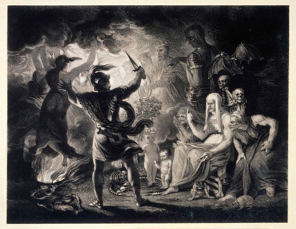 Witchcraft: Macbeth seeing the three witches, with other horrifying visions. Etching after J. Reynolds, ca. 1786-1790, after W. Shakespeare.