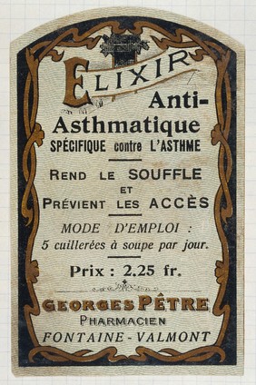 Elixir Anti-Asthmatique: product label. Colour lithograph.