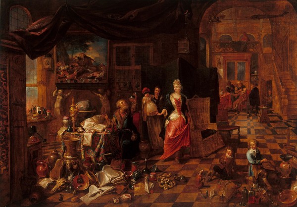 A physician-virtuoso in his cabinet, examining a flask of urine brought by a lady. Oil painting by a painter in the circle of Gerard Thomas, early 18th century.