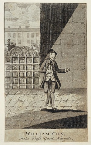 view William Cox, burglar, in Newgate prison. Etching, ca. 1773.