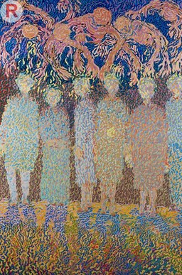 Patients waiting to see the doctor, with figures representing their fears. Oil painting by Rosemary Carson, 1997.