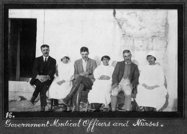 Smallpox epidemic, Palestine: Government medical officers and nurses. Photograph, 1922.