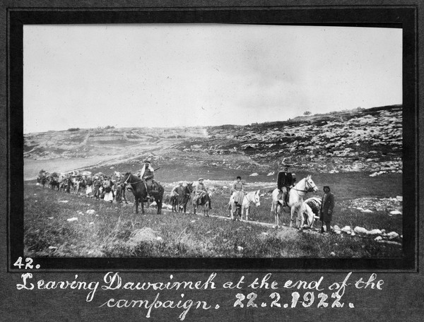 Smallpox epidemic, Palestine: the vaccination team leaving Dawaimeh at the end of their vaccination campaign, 22 February 1922. Photograph, 1922.
