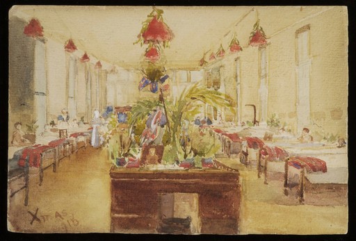 Christmas Day in a ward of a hospital. Watercolour