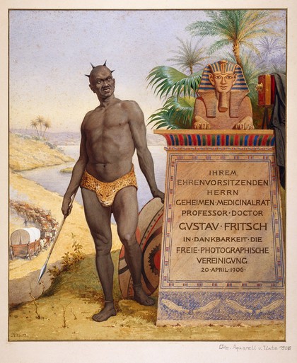 Homage to Gustav Theodor Fritsch. Watercolour by J. Unte, 1906.
