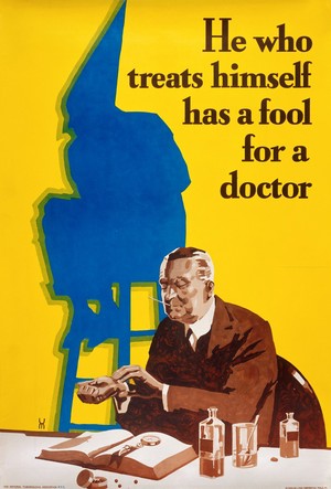 view A man foolishly trying to treat his own illnesses by imitating a physician. Colour lithograph by C. E.(?), 1931.