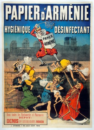 A jester representing the disinfectant Papier d'Arménie scourges figures representing the infectious diseases cholera, typhoid, diphtheria and smallpox. Colour lithograph by A. Van Geleyn, ca. 1890.