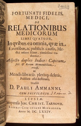 Title Page of Fortunati Fidelis, Medici, de Relationibus..