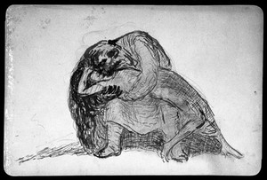 view A monstrous man clutching a fainted woman. Drawing by F. Wrampe, 193-.