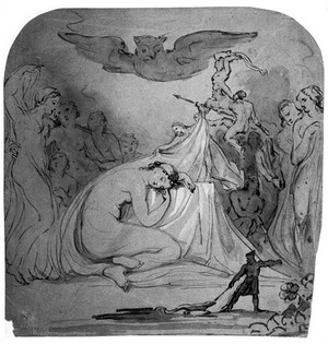view A dream: an owl flies overhead, while large and small figures stand by. Drawing attributed to Thomas Uwins.