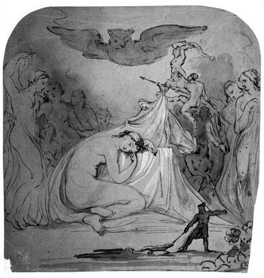 A dream: an owl flies overhead, while large and small figures stand by. Drawing attributed to Thomas Uwins.