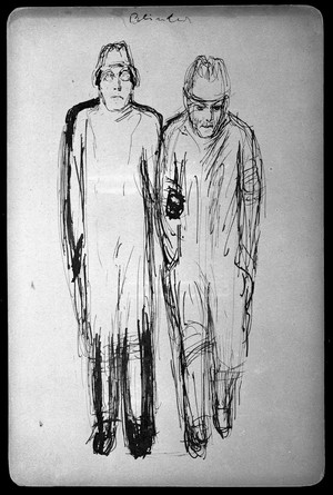 view A blind man assisted by another man (Fritz Wrampe). Drawing by Fritz Wrampe, 193-.