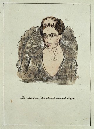 Hand-coloured engraving: il se debat contre la morte.