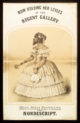 Julia Pastrana, "the nondescript", advertised for exhibition. Lithograph.