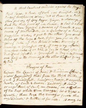 Page from an 18th century Receipt book elaborating upon the medicine useful against the Plague