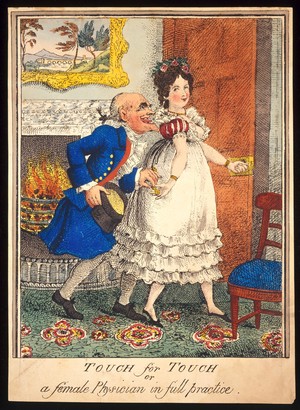 view A prostitute leading an old man into the bedroom and taking money from him; implying that her services will act like a tonic and preserve his state of health. Coloured etching, 18--, after T. Rowlandson, 1811.