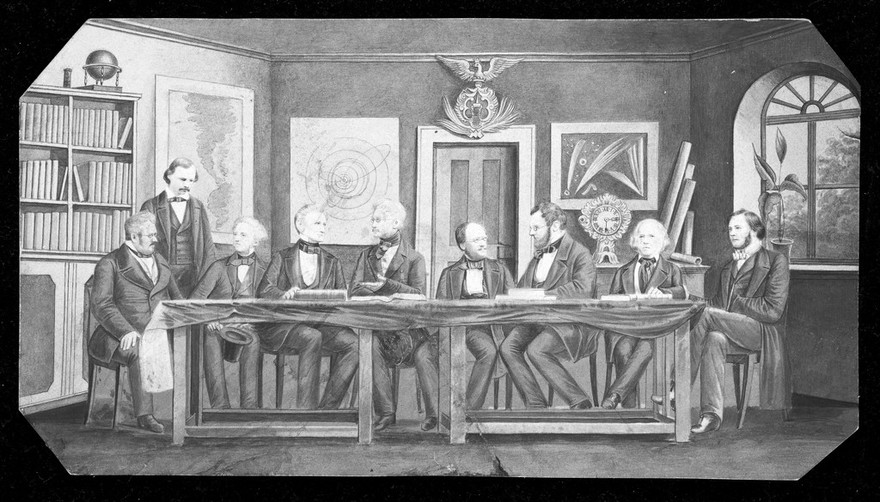 Justus von Liebig and eight others seated in a committee. Gouache drawing.
