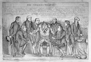 view John Bull being examined by eight doctors representing politicians, who diagnose his illness as cholera. Lithograph, ca. 1832.