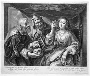 view A vain woman combing her hair, a fool showing her her face in a mirror, and a philosopher pointing to a skull as a reminder of the vanity of transient things. Line engraving attributed to Pieter de Jode II after J. Jordaens.