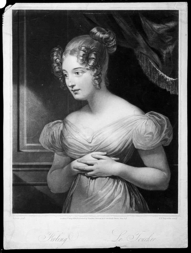A young woman in love clasps her hands against her heart; representing the sense of touch. Mezzotint by S.W. Reynolds, 1830, after C.-M. Dubufe., 1st May, 1830, by Claude-Marie Dubufe